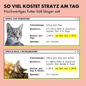 Beispielrechnung für die Futterkosten von STRAYZ pro Tag. Durch den hohen Fleischanteil des Nassfutters bleiben Katzen länger satt und müssen weniger essen. So kostet STRAYZ für eine 4 kg Wohnungskatze nur 2,09 € am Tag. Im Abo sogar nur 1,89 €.