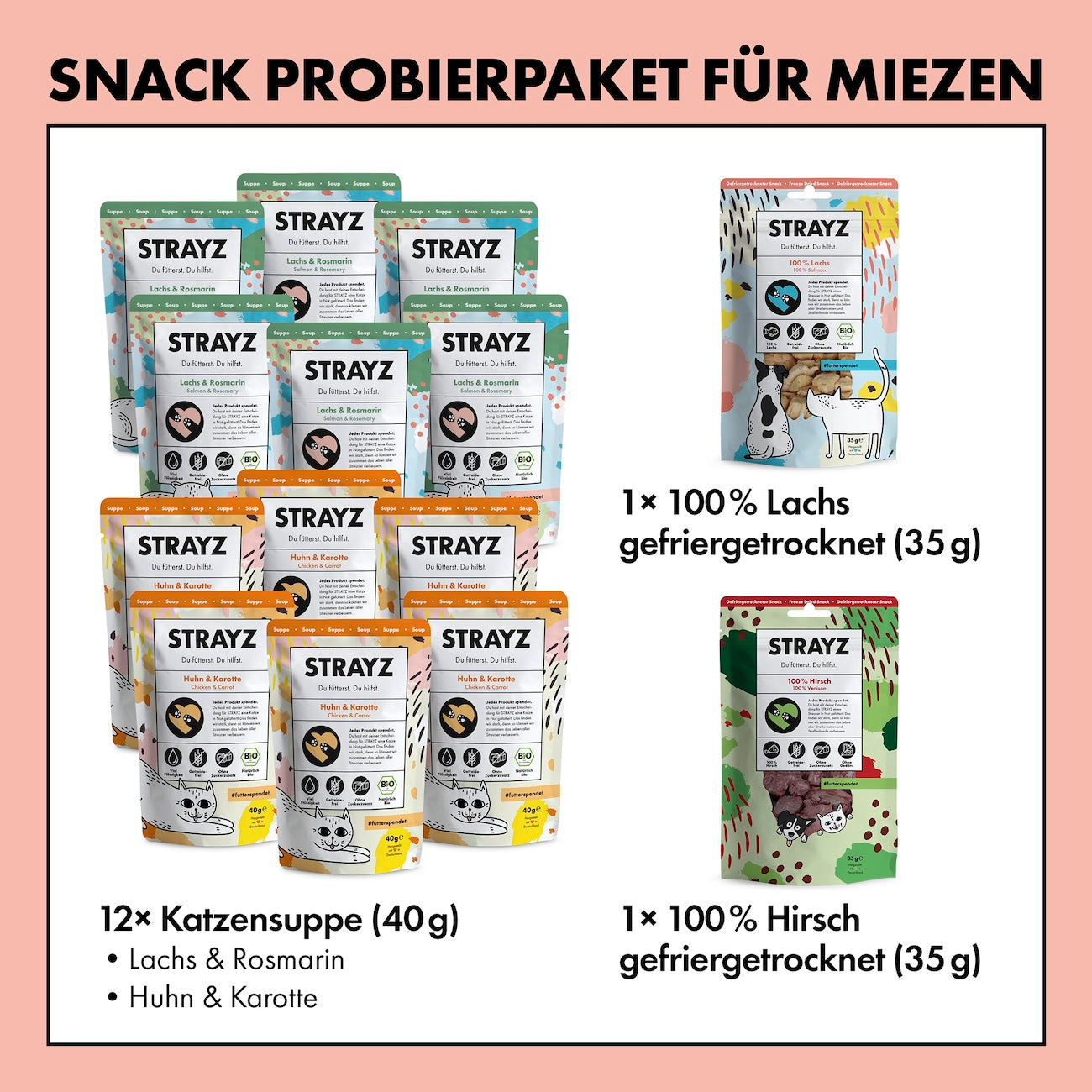 Bio-Katzensnack Probierpaket von STRAYZ. Natürliche Katzensuppen je 6x Huhn & Karotte sowie Lachs & Rosmarin. Zudem ist eine Packung gefriergetrockneter Bio-Lachs sowie Hirsch enthalten. Alle Snacks von STRAYZ sind ohne Zucker, Getreide und Konservierungsmittel. 
