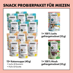 Bio-Katzensnack Probierpaket von STRAYZ. Natürliche Katzensuppen je 6x Huhn & Karotte sowie Lachs & Rosmarin. Zudem ist eine Packung gefriergetrockneter Bio-Lachs sowie Hirsch enthalten. Alle Snacks von STRAYZ sind ohne Zucker, Getreide und Konservierungsmittel. 