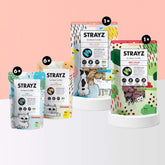 Bio-Katzensnack Probierpaket von STRAYZ. Natürliche Katzensuppen je 6x Huhn & Karotte sowie Lachs & Rosmarin. Zudem ist eine Packung gefriergetrockneter Bio-Lachs sowie Hirsch enthalten. Alle Snacks von STRAYZ sind ohne Zucker, Getreide und Konservierungsmittel. 