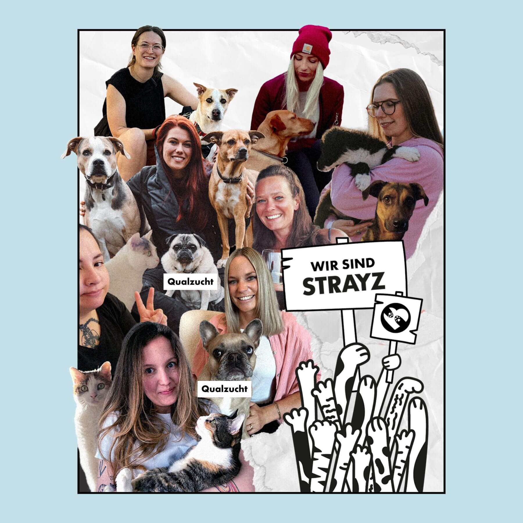 Auf diesem Bild ist das STRAYZ Team zu sehen. Hinter STRAYZ stehen acht Frauen, die täglich alles für den Tierschutz geben und durch ihr hochwertiges Katzenfutter und Hundefutter zeigen, dass Tiernahrung auch artgerecht und transparent geht. 