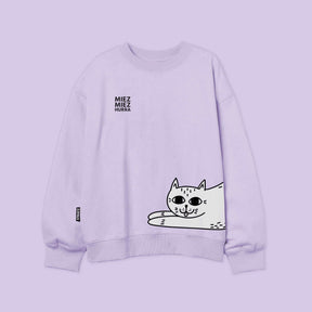 STRAYZ Katzenpulli in lila mit Spruch "Miez Miez Hurra". Vorderseite.